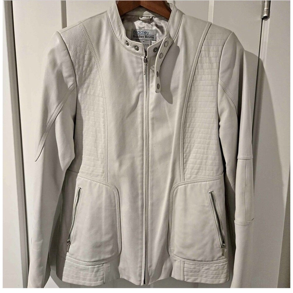 Bradley Bayou Women's White Leather Biker Jacket Full Zip Lined Pockets M